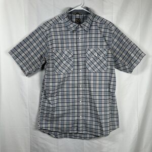 Noble Outfitters Pearl Snap Shirt Large Blue Gray Plaid Short Sleeve Logo Cowboy